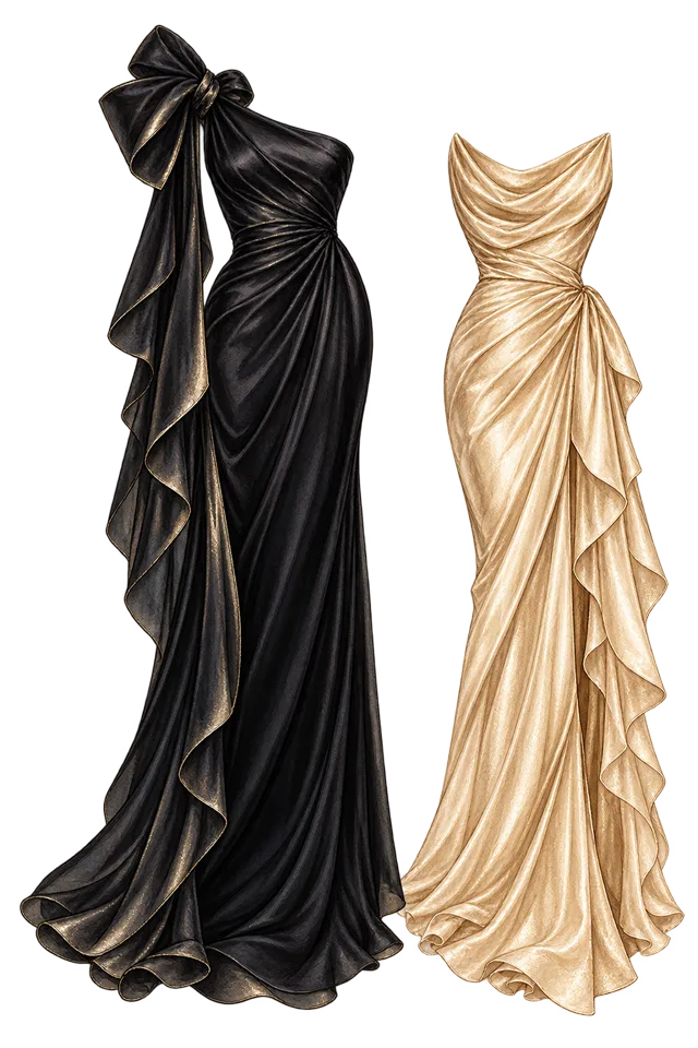 Illustrated evening dresses in black and champagne gold