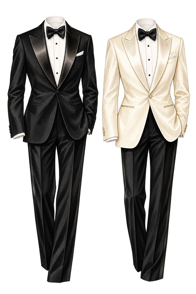 Illustrated black tuxedo and ivory dinner jacket with black trousers
